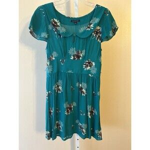 American Eagle Outfitters Dress Teal Floral Peter Pan School Girl Sz. Sm 4 Knee